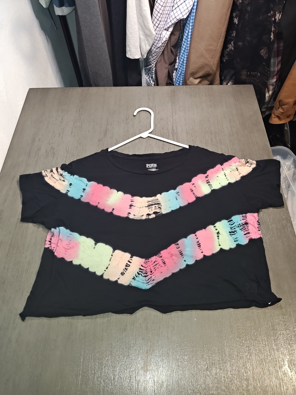 PINK Victoria's Secret Woman's Black Cropped Tee with Pastel Tie-Dye Stripes